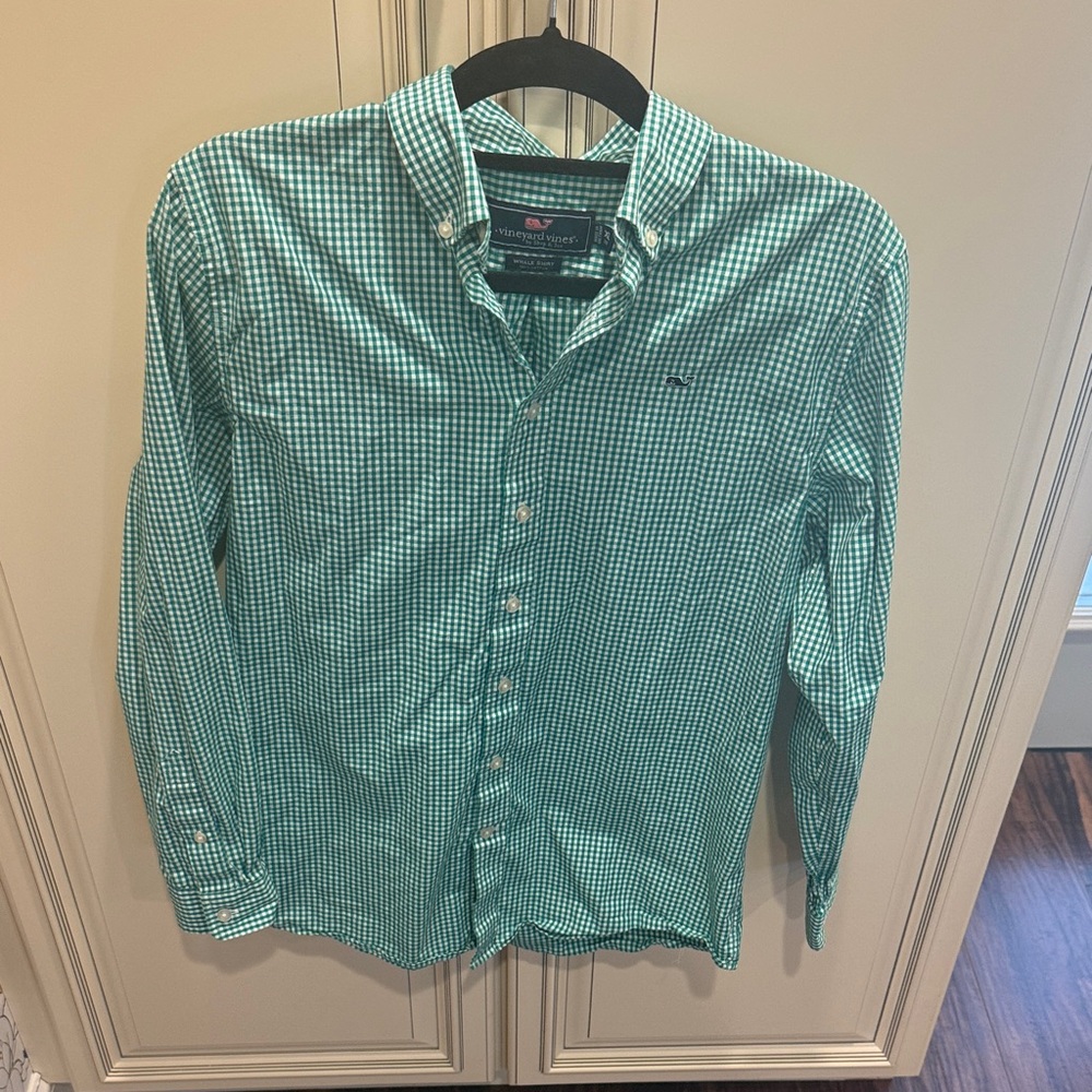 🐳 Vineyard Vines Whale Shirt – Green Check, Size youth XL